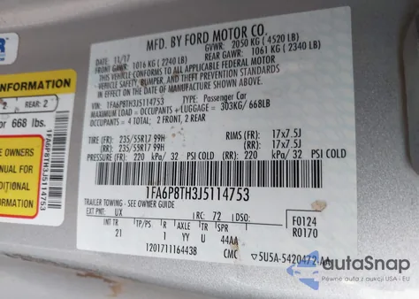 2018 Ford Mustang Ecoboost z USA, uszkodzony, nr VIN 1FA6P8TH3J5114753